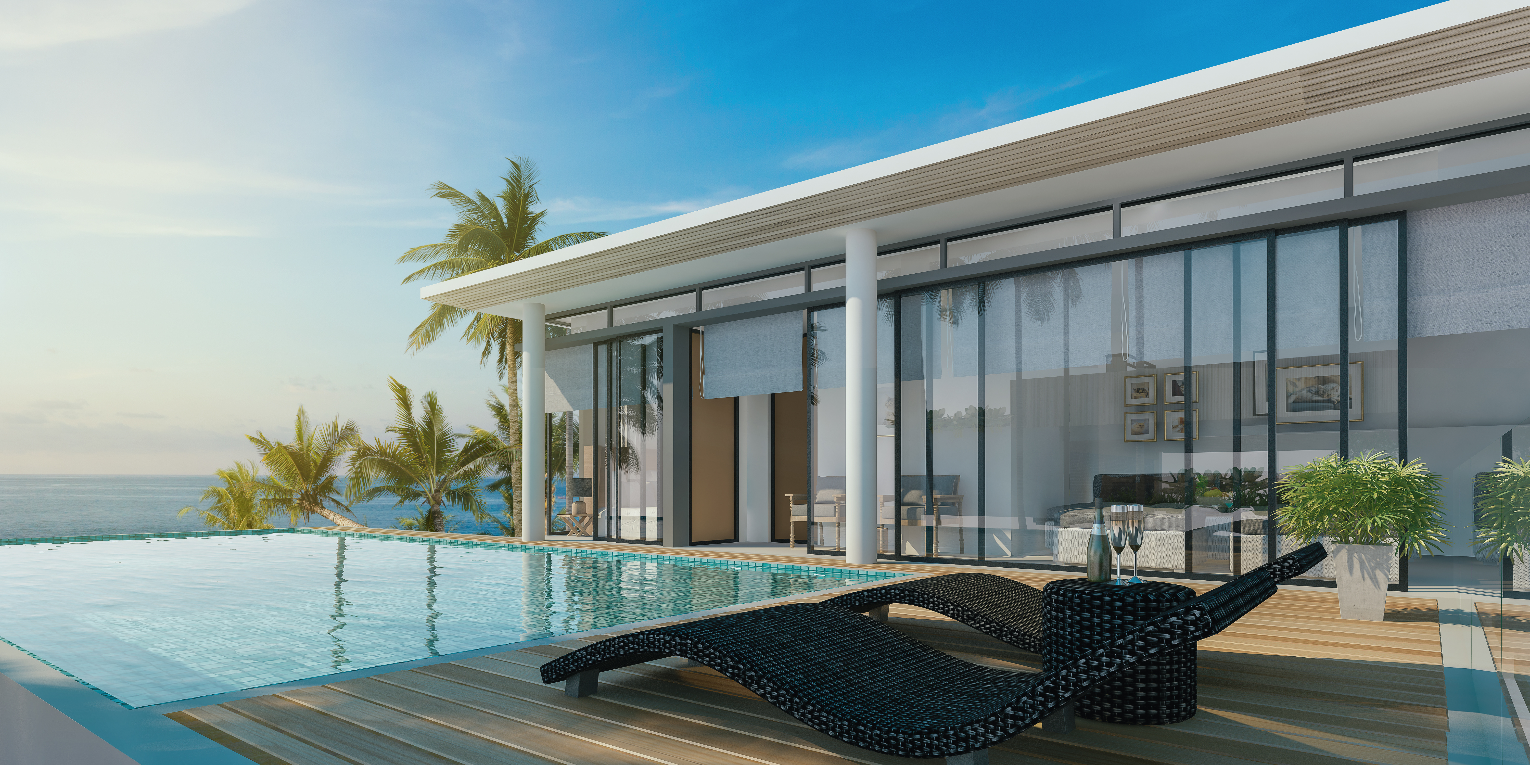 Sea view swimming pool in modern loft design,Luxury ocean Beach house, 3d rendering